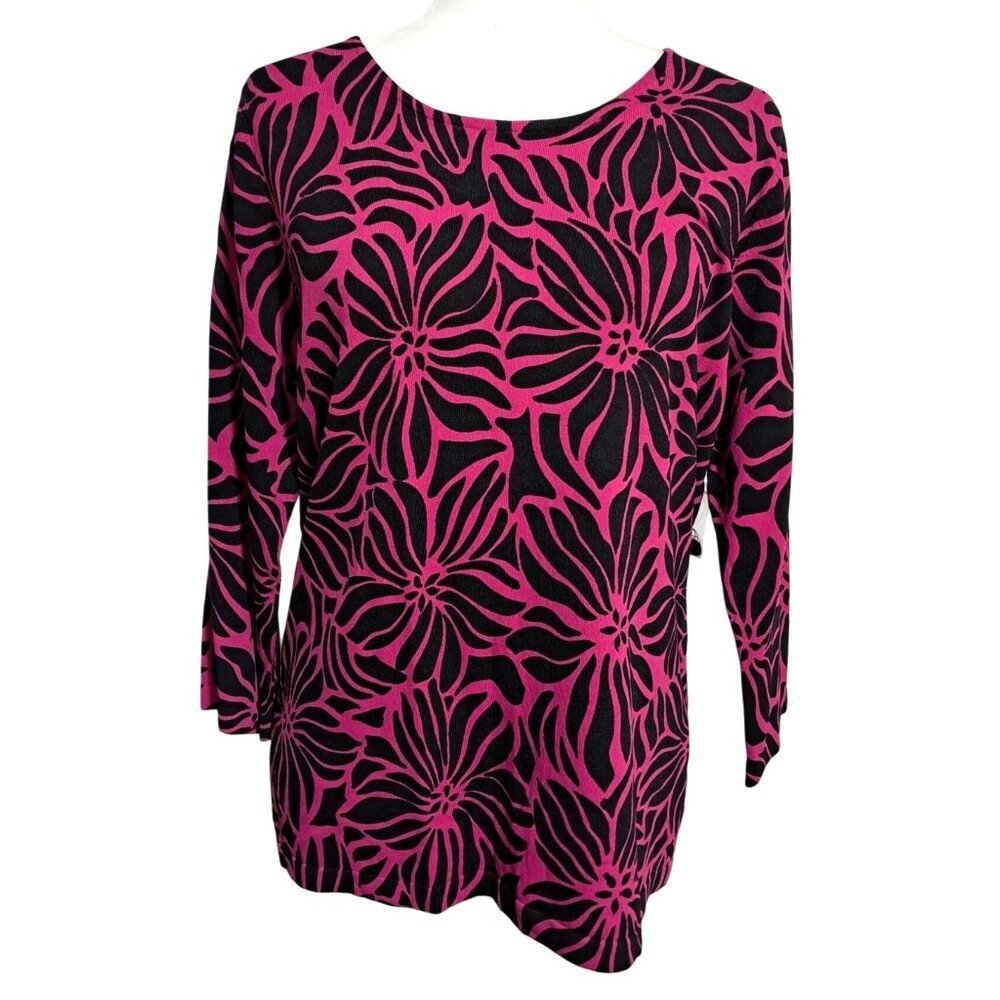 Dressbarn Floral Sweater Women Size Large Pink Black Long Sleeve Knit Top NWT